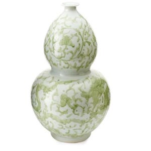 May include: A double-gourd shaped vase with a white base and a light green painted floral vine pattern. The vessel features a narrow neck, a rounded upper body, and a wider, bulbous lower body, all decorated with continuous scrolling foliage.