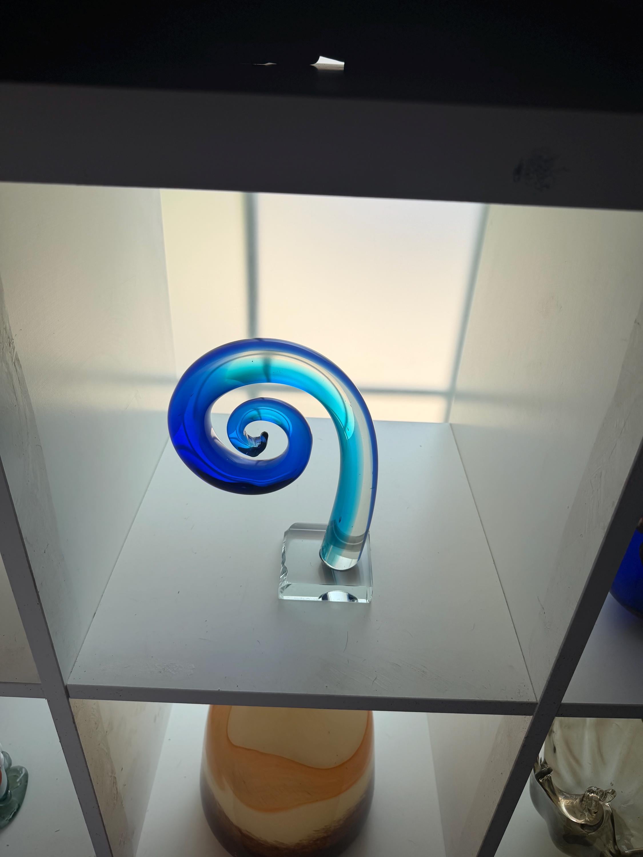 Vintage Murano Style Sommerso Art Glass Spiral Sculpture - Blue and Aqua Wave Koru Figure on Crystal Base, Mid Century Modern Abstract Home