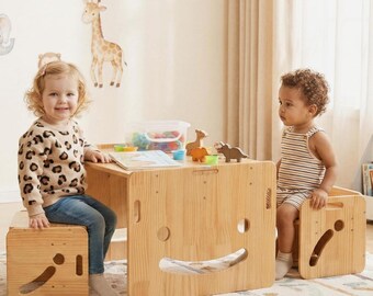 Montessori Table and Chairs Set, Adjustable Pine Wood Kids Learning Desk