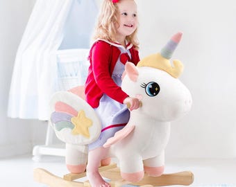 Fairy Unicorn Rocking Horse Toy, Pastel Rainbow Wings, Wooden Base, Toddler Ride-On