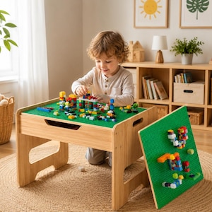 Adjustable Height Kids Table and Chair Set, Pine Montessori Desk, Block Storage, Reading Furniture
