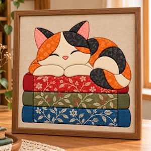 Pode incluir: Uma peça de arte de parede em tecido emoldurada apresentando um gato malhado com manchas pretas, laranja e creme dormindo sobre uma pilha de três livros. Os livros são vermelhos, verdes e azuis, decorados com um padrão floral ou de folhas branco.
