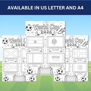 May include: A black and white printable coloring page titled World Cup 2026 featuring soccer balls, cleats, a goal net, and various national flags including Paraguay, Portugal, Qatar, Saudi Arabia, Scotland, South Africa, Sweden, and Tunisia.
