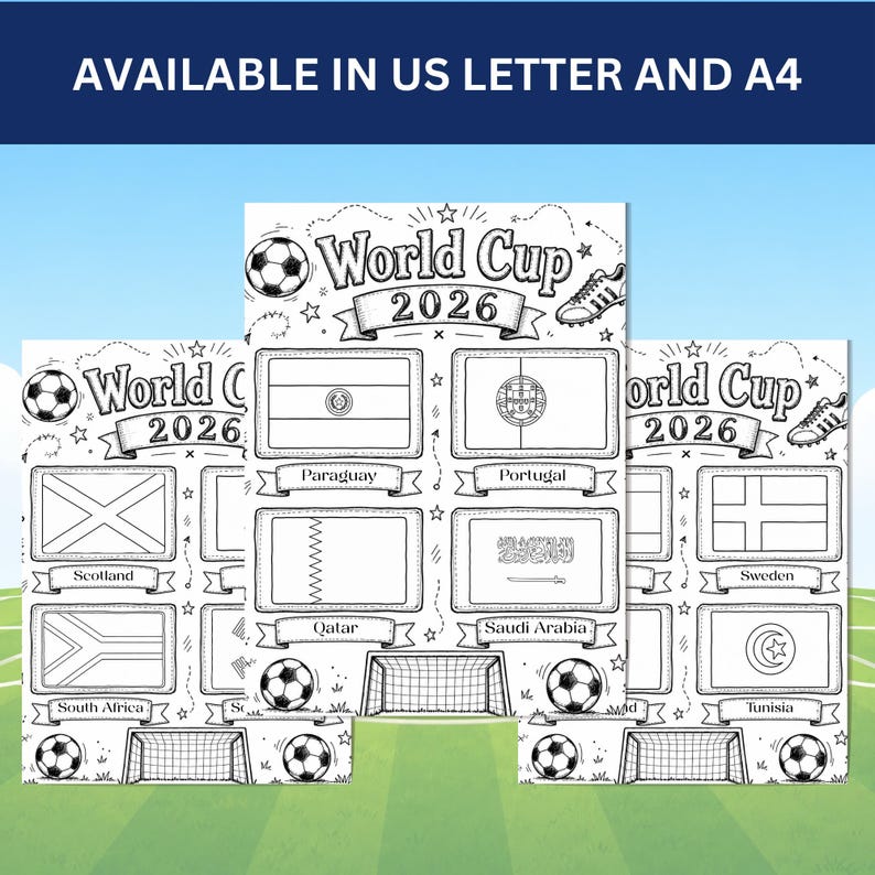 May include: A black and white printable coloring page titled World Cup 2026 featuring soccer balls, cleats, a goal net, and various national flags including Paraguay, Portugal, Qatar, Saudi Arabia, Scotland, South Africa, Sweden, and Tunisia.