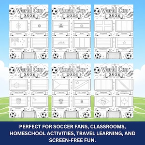 May include: A set of six black and white printable coloring sheets titled World Cup 2026. Each sheet features outlines of national flags with country names, soccer balls, and goal nets. The designs are arranged in a grid format for coloring.