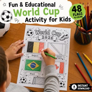 May include: A printable activity sheet titled World Cup 2026 featuring black and white line art of soccer balls, a cleat, and national flags. The sheet includes labeled boxes for coloring flags like Belgium, Brazil, Bosnia & Herzegovina, and Canada.