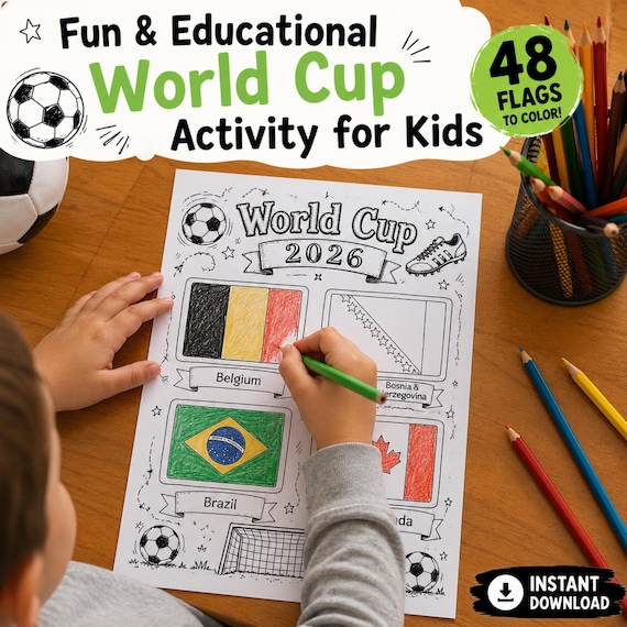 Soccer World Cup Coloring Pages for Kids, Printable Flag Activity Book, 48 World Flags to Color, Instant Download PDF