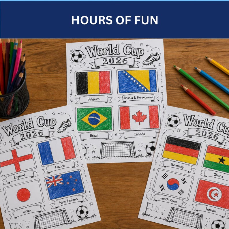 May include: Three white coloring sheets titled World Cup 2026 featuring hand-colored national flags including Belgium, Brazil, England, and Germany. The pages contain soccer ball and goal illustrations, accompanied by colored pencils in a black holder.