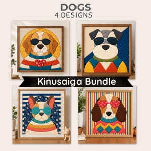 May include: A Kinusaiga bundle featuring four framed fabric art designs of dogs wearing sunglasses and sweaters. The dogs include a beagle with a heart, a schnauzer, a french bulldog, and a hound with heart-shaped glasses, all in colorful patterns.