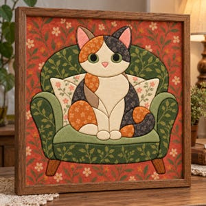 Calico Cat Kinusaiga Pattern PDF, Cat on Couch Fabric Picture Craft, Cat Lover Gift, Cozy Home Decor DIY, Instant Download
