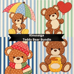 Pode incluir: Um gráfico Kinusaiga Teddy Bear Bundle com quatro ursos de peluche castanhos sobre fundos às riscas. Um urso segura um guarda-chuva multicolorido, um um balão de coração vermelho, um usa um gorro e cachecol xadrez vermelho, e um segura um pote de mel.