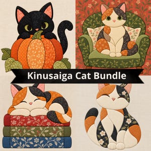 May include: A Kinusaiga Cat Bundle featuring four fabric art designs: a black cat on a pumpkin, a calico cat in a green armchair, a calico cat sleeping on three stacked books, and a seated calico cat. Each cat is crafted with floral fabric patterns.
