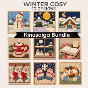 Pode incluir: Um pacote Kinusaiga com 10 designs de arte em tecido com tema de inverno. As imagens incluem um boneco de neve, uma paisagem nevada com lua, uma cabana, uma caneca de cacau, uma janela, um livro aberto com vela, meias, luvas e um gato.