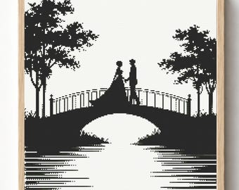 Schema per punto croce "Ponte nuziale", silhouette romantica di coppia, regalo di anniversario PDF OXS FJSON, 200x200 250x250 300x300