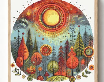 Schema per punto croce di arte popolare a tema foresta autunnale, campionario boschivo (download PDF)