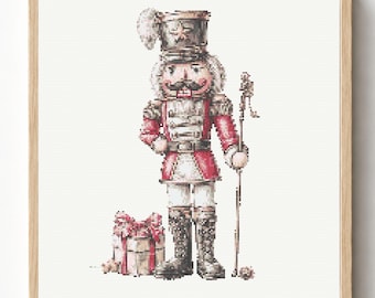 Rosa Nussknacker Kreuzstichmuster, Weihnachtssoldat Stickvorlage, Urlaub PDF Muster, Festliche Nadelspitze, Moderner X Stich Dekor