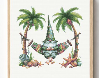 Schema per punto croce di un'amaca tropicale a forma di gnomo, con palma da spiaggia (download in PDF)
