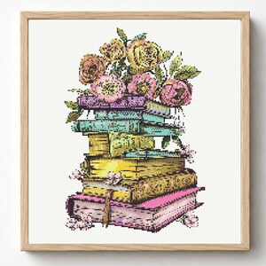 Floral Book Stack Cross Stitch Pattern, Vintage Books Embroidery PDF (Digital Download)