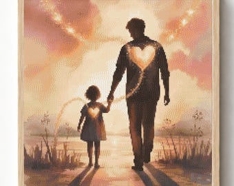 Schema per punto croce con silhouette di madre e figlia, ricamo a forma di cuore con tema amore familiare (PDF)