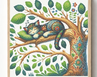 Sleeping Cat Cross Stitch Pattern PDF, Cat on Tree Embroidery Design, Nature Animal Wall Art, OXS FJSON