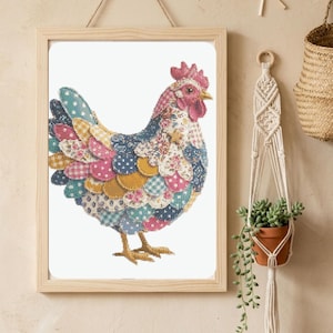 Patchwork Rooster Cross Stitch Pattern, Colorful Chicken Embroidery Design (PDF)