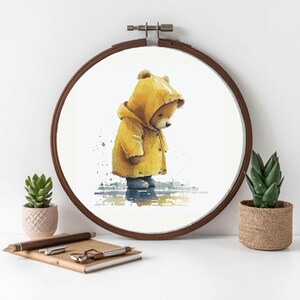Bear in Yellow Raincoat Cross Stitch Pattern, Woodland Animal Embroidery Chart (PDF Download)