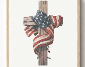 Schema per punto croce con la bandiera americana, decorazione rustica a tema religioso cristiano (schema in PDF)