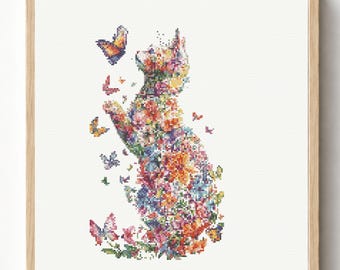 Schema per punto croce con gatto floreale e farfalla (download in PDF)