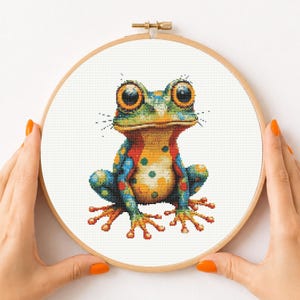 Bunter Laubfrosch Kreuzstich Stickmuster PDF, Wunderliche Amphibie Stickdatei