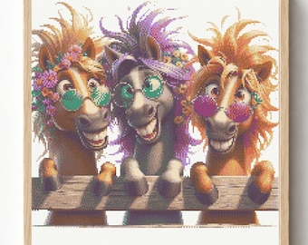 Schema per punto croce con un divertente trio di cavalli, ricamo di animali da fattoria stravaganti (PDF)