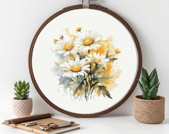 Schema per punto croce con margherita bianca, ricamo floreale, illustrazione botanica (download in PDF)