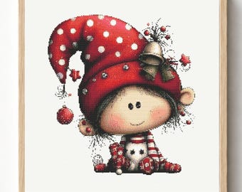 Simpatico schema per punto croce di uno gnomo natalizio, con elfo dal cappello a pois rossi, decorazione festiva stravagante, opera d'arte invernale.