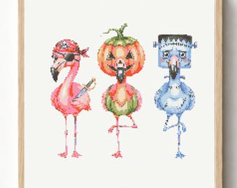 Halloween Flamingo Kreuzstich Muster PDF, Gruseliger Vogel Stickdatei, OXS FJSON