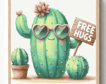 Schema gratuito per punto croce "Abbracci Cactus", arte desertica in stile Kawaii (download PDF)