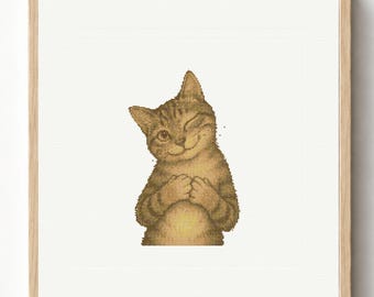 Schema per punto croce di un gatto soriano che ammicca, schema per ricamo di un gattino giocoso (PDF)
