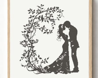 Wedding Couple Silhouette Cross Stitch Pattern, Romantic Floral Wreath Embroidery Chart (PDF)