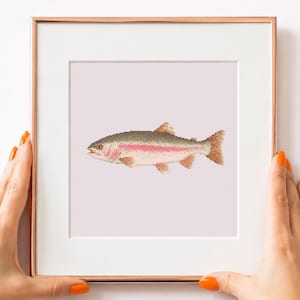 May include: A framed cross-stitch art piece featuring a detailed depiction of a rainbow trout. The fish is rendered in shades of pink, brown, and white, with a distinctive pink stripe along its side. The artwork is set against a pale pink background.