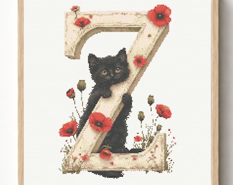Black Cat with Poppies Cross Stitch Pattern, Floral Alphabet Embroidery Chart