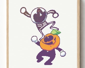 Schema per punto croce di una zucca di Halloween, simpatico personaggio di Jack O'Lantern, download in PDF OXS FJSON, 200x200 250x250 300x300