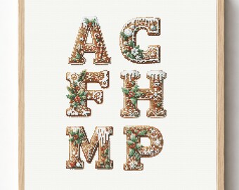 Personalized Christmas Alphabet Cross Stitch Pattern, Gingerbread Monogram Design (PDF OXS FJSON)