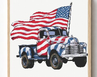 Schema per punto croce di un camioncino con la bandiera americana vintage (PDF)
