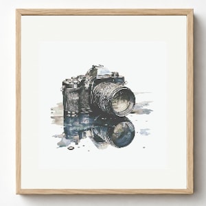 May include: A cross-stitch embroidery of a black and grey camera with a prominent lens, featuring a detailed reflection beneath it. The artwork is displayed within a light-colored wooden frame, showcasing intricate needlework and shading.