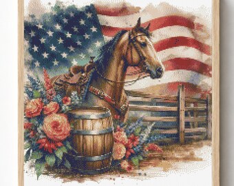 Schema per punto croce con cavallo patriottico, decorazione western con bandiera americana (download in PDF)
