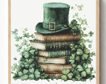 Schema per punto croce per il giorno di San Patrizio, pila di libri con cappello da folletto, decorazione con trifoglio irlandese (PDF)