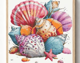 Schema per punto croce con conchiglie, ricamo a tema spiaggia (PDF)