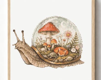 Schema per punto croce di un terrario a forma di lumaca, arte fantasy con funghi del bosco (download in PDF)