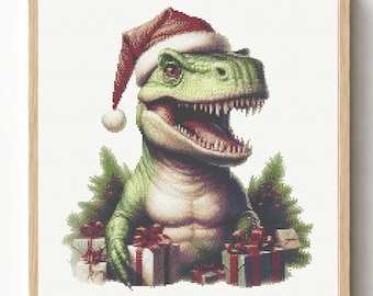 Weihnachten T-Rex Kreuzstich Stickmuster PDF, Dinosaurier Stickvorlage