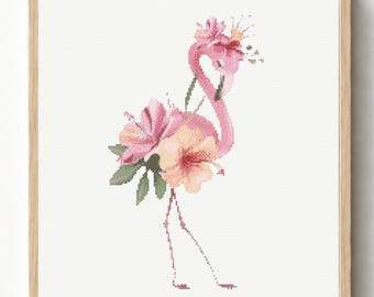 Patrón de punto de cruz de flamenco en PDF, diseño de bordado floral de flamenco, arte mural de aves tropicales, OXS FJSON