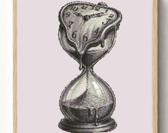 Melting Clock Kreuzstichmuster PDF, Surreale Sanduhr Stickdatei