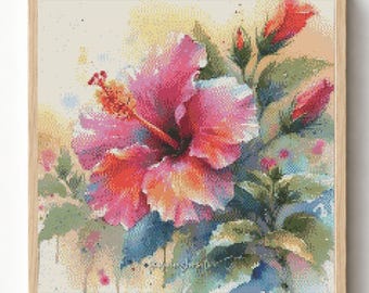 Schema per punto croce con fiore di ibisco rosa, ricamo botanico floreale (download in PDF)